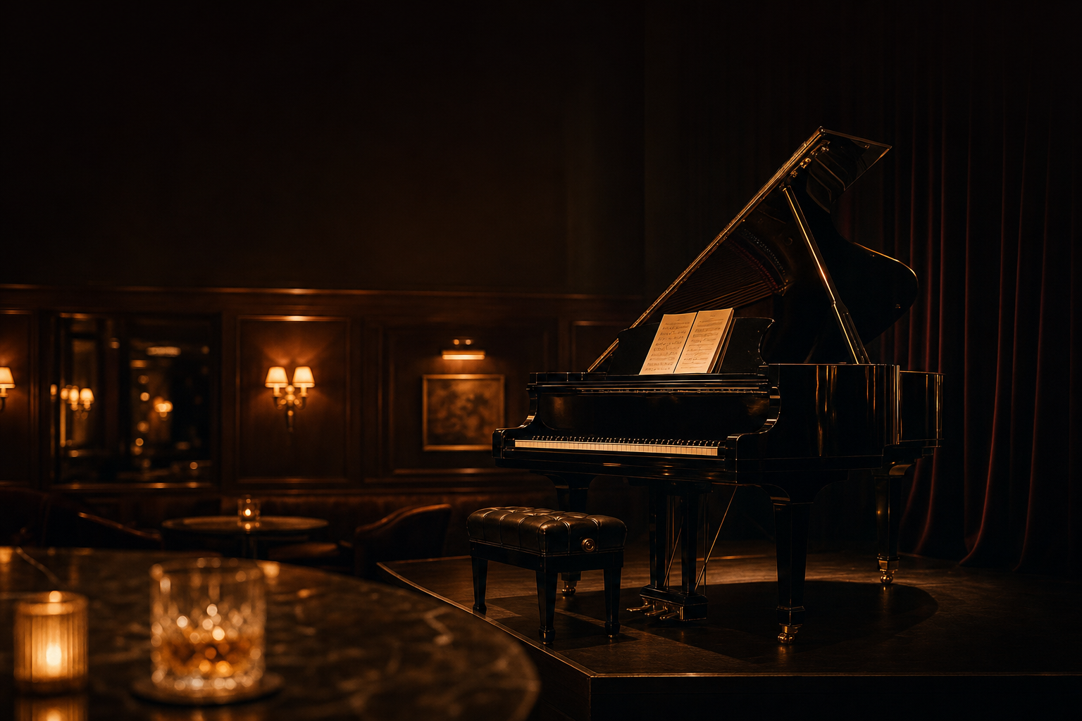Elegant solo grand piano set up in a five-star lounge for an instrumental cocktail performance