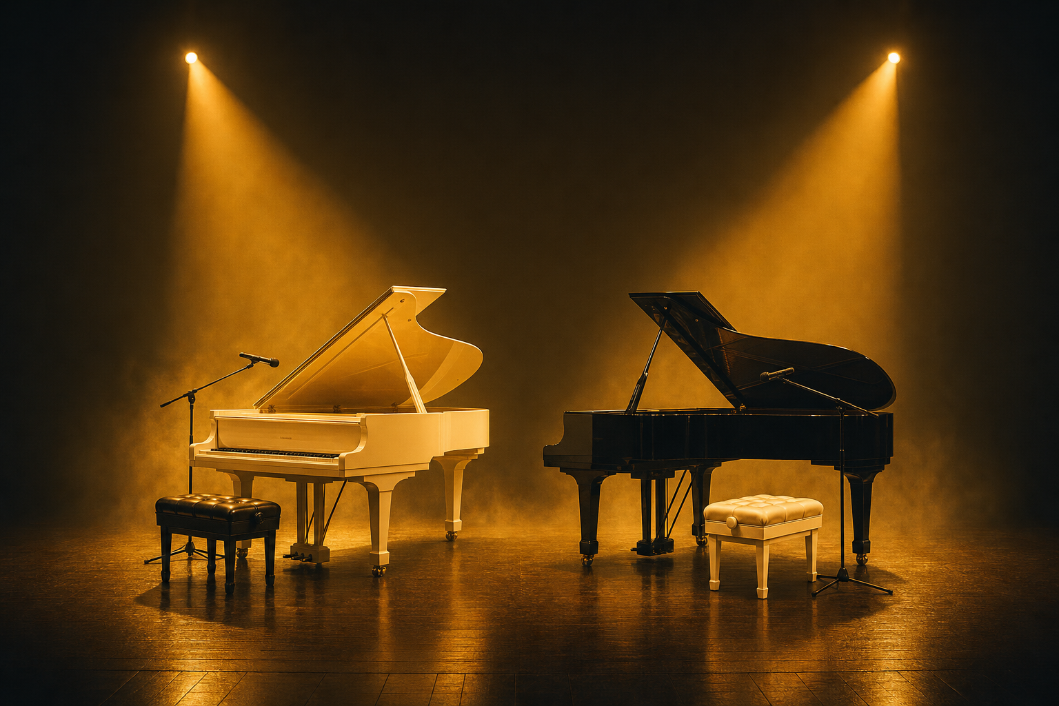 Two grand pianos facing each other on a stage under moody amber spotlights