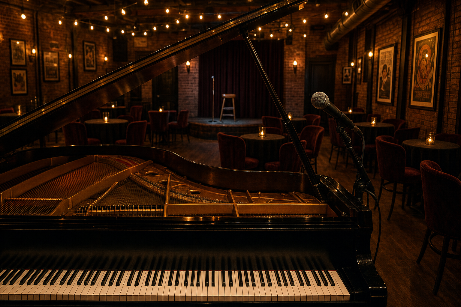 Intimate supper-club room viewed from behind the piano, set up for a piano bar show